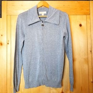 Michael Kors Full Zip Front Shimmery Long Sleeve Collared Lightweight Sweater
